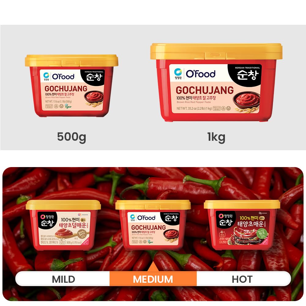 O’food Gochujang – Authentic Korean Red Chili Paste [Medium | 1.1 lb (500g) ] Spicy & Sweet Savory Traditional Fermented Sauce | Gluten-Free | 100% Brown Rice | No Corn Syrup | Great for Bibimbap, Marinades, Stews & BBQ