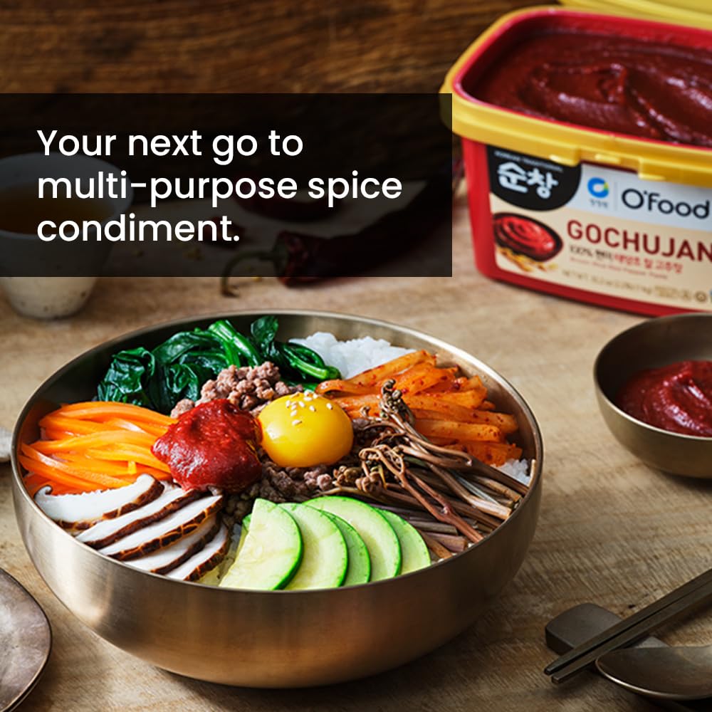 O’food Gochujang – Authentic Korean Red Chili Paste [Medium | 1.1 lb (500g) ] Spicy & Sweet Savory Traditional Fermented Sauce | Gluten-Free | 100% Brown Rice | No Corn Syrup | Great for Bibimbap, Marinades, Stews & BBQ