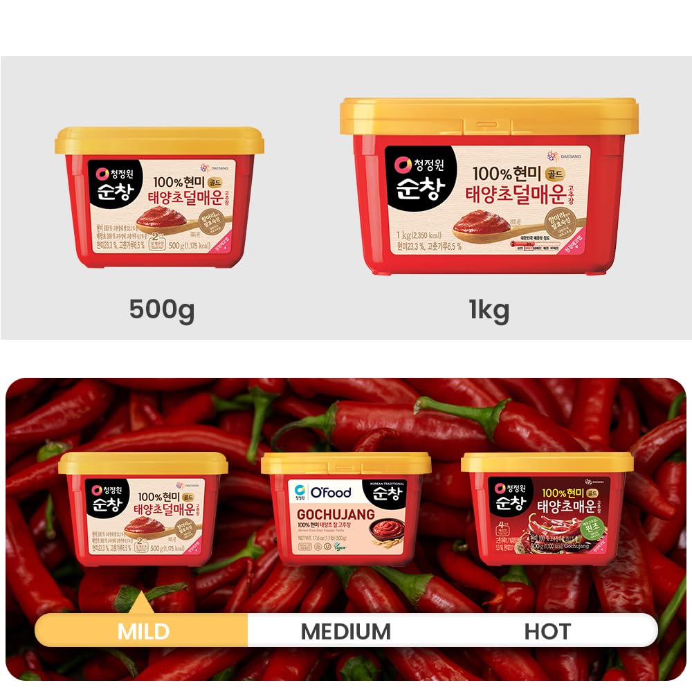 O’food Gochujang – Authentic Korean Red Chili Paste [Medium | 1.1 lb (500g) ] Spicy & Sweet Savory Traditional Fermented Sauce | Gluten-Free | 100% Brown Rice | No Corn Syrup | Great for Bibimbap, Marinades, Stews & BBQ