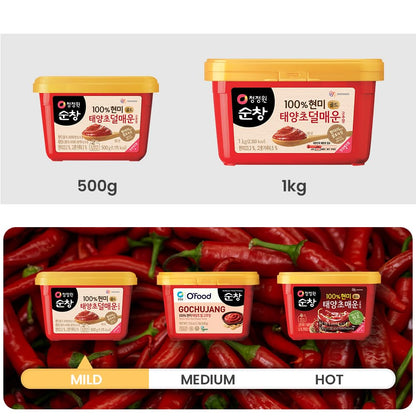 O’food Gochujang – Authentic Korean Red Chili Paste [Medium | 1.1 lb (500g) ] Spicy & Sweet Savory Traditional Fermented Sauce | Gluten-Free | 100% Brown Rice | No Corn Syrup | Great for Bibimbap, Marinades, Stews & BBQ