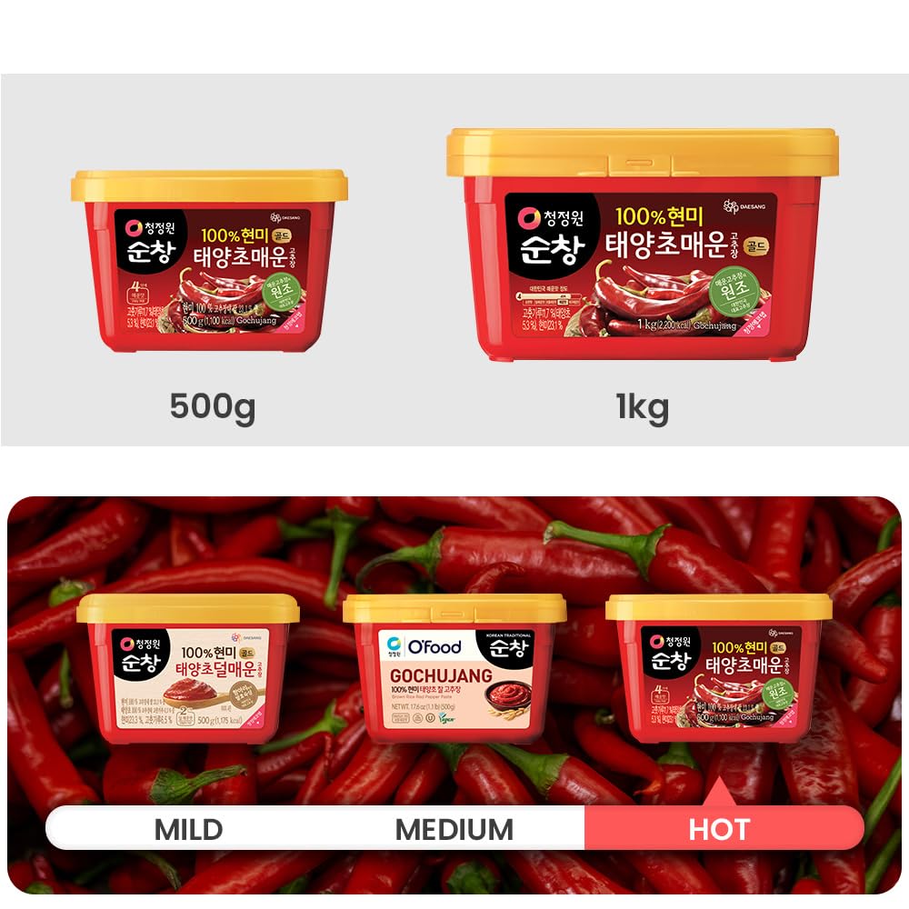 O’food Gochujang – Authentic Korean Red Chili Paste [Medium | 1.1 lb (500g) ] Spicy & Sweet Savory Traditional Fermented Sauce | Gluten-Free | 100% Brown Rice | No Corn Syrup | Great for Bibimbap, Marinades, Stews & BBQ